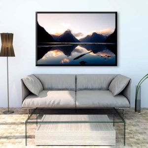 tirage impression print grand format photographie photographe paysage nature décoration art milford sound fiord fjord reflect coucher de soleil nz new zealand nouvelle zélande